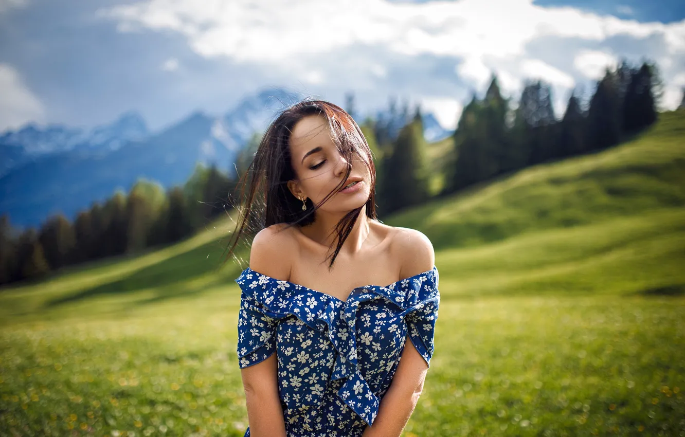 Photo wallpaper girl, grass, sky, long hair, dress, trees, field, landscape