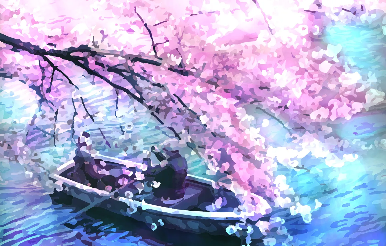 Photo wallpaper water, girl, boat, spring, Sakura, male