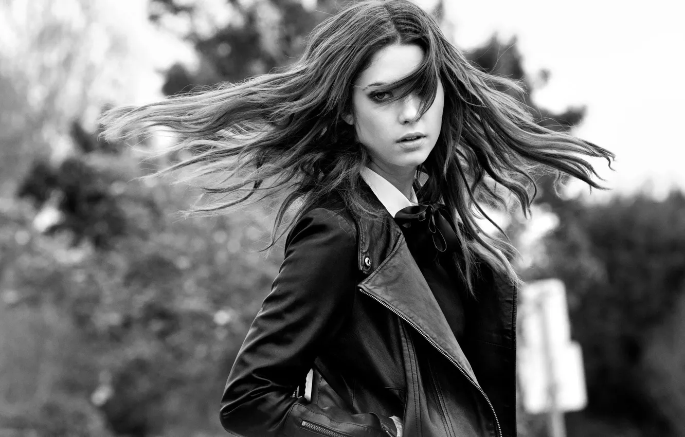 Photo wallpaper look, pose, hair, Girl, jacket, black and white