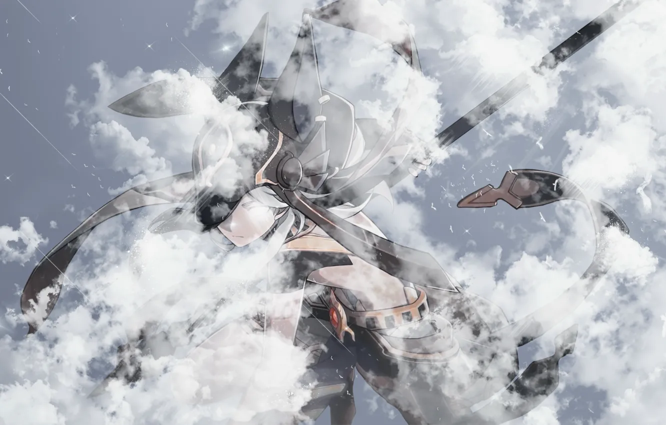 Photo wallpaper clouds, birds, guy, Genshin Impact, Cyno