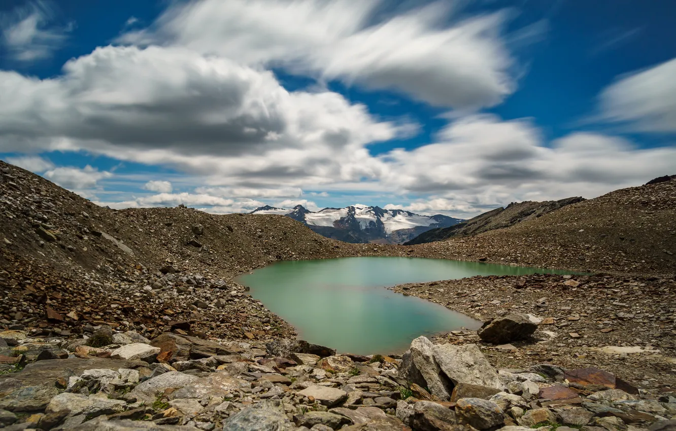 Photo wallpaper clouds, mountains, lake