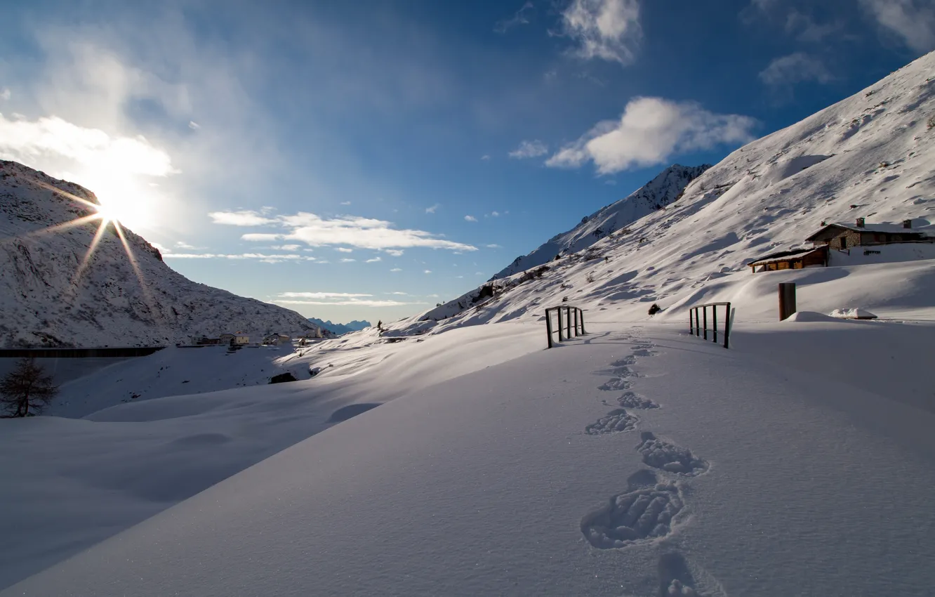 Photo wallpaper snow, mountains, traces, Italy, Val Salarno