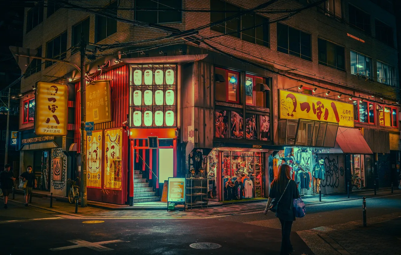 Photo wallpaper movement, night lights, Japan, night city, Osaka