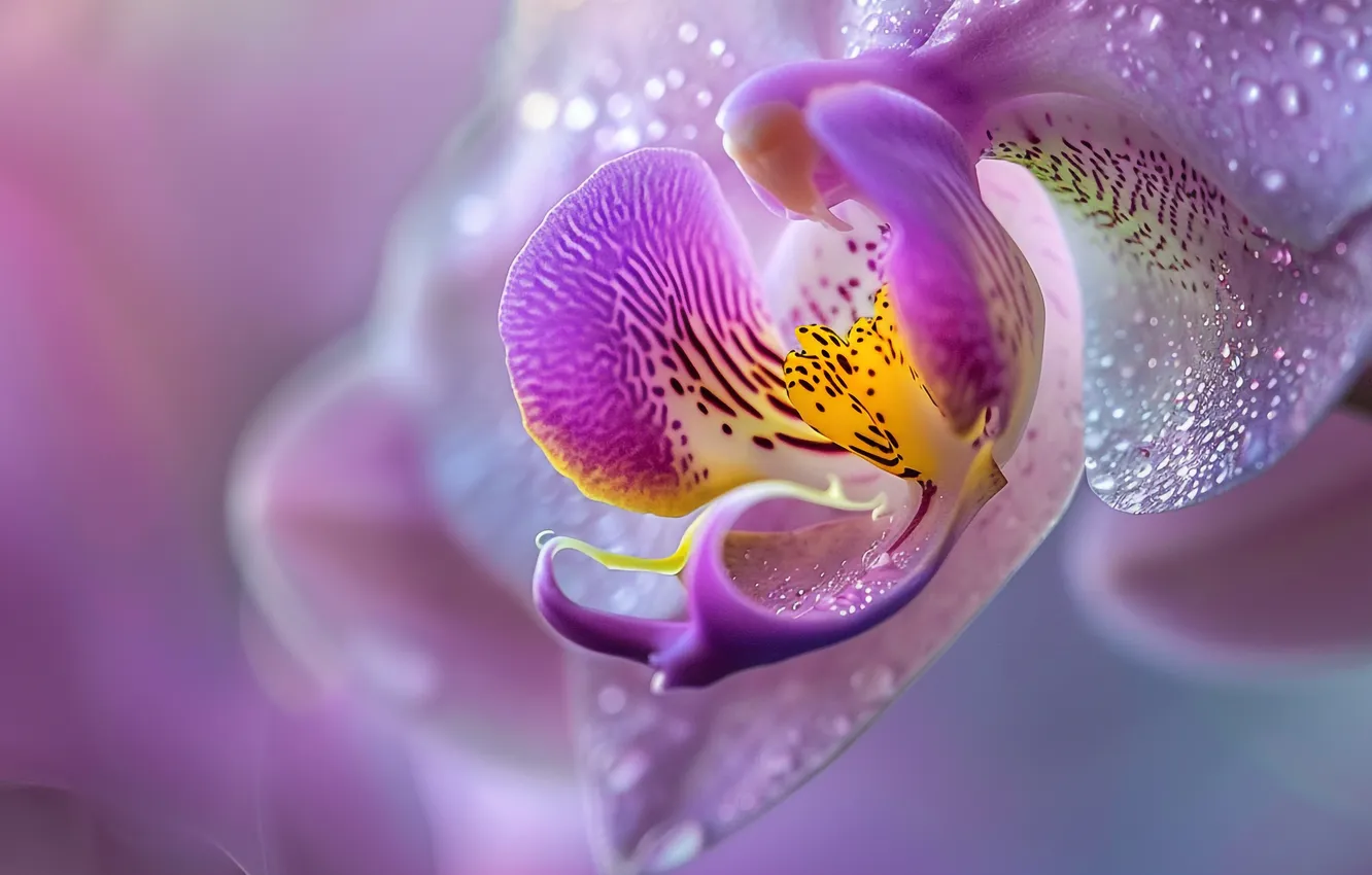 Photo wallpaper drops, macro, flowers, Orchid, lilac, bokeh, lilac background, AI art