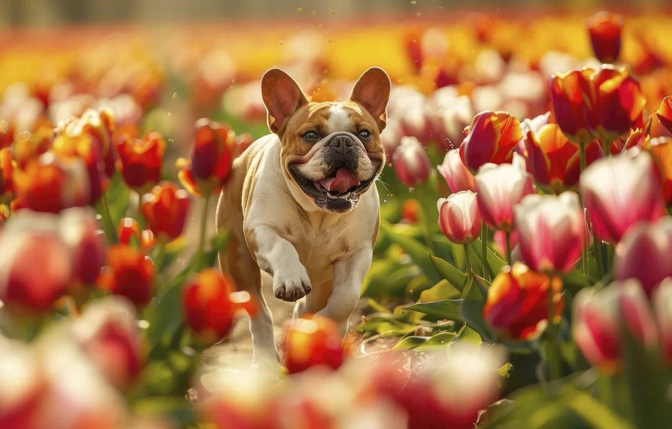 Photo wallpaper language, look, light, flowers, dog, spring, running, tulips