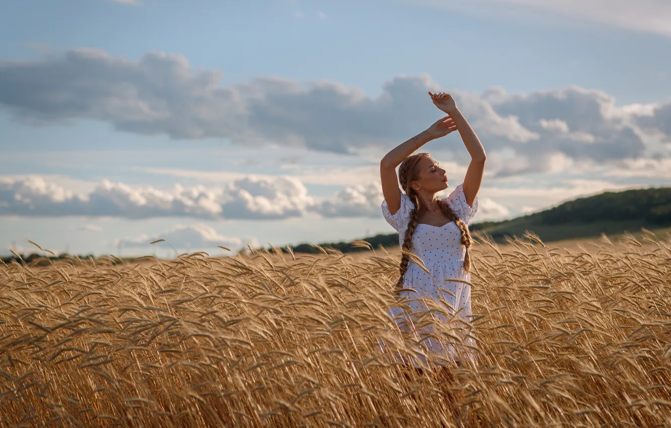 Photo wallpaper The SKY, FIELD, CLOUDS, MOOD, DAL, BRAIDS, SUNDRESS