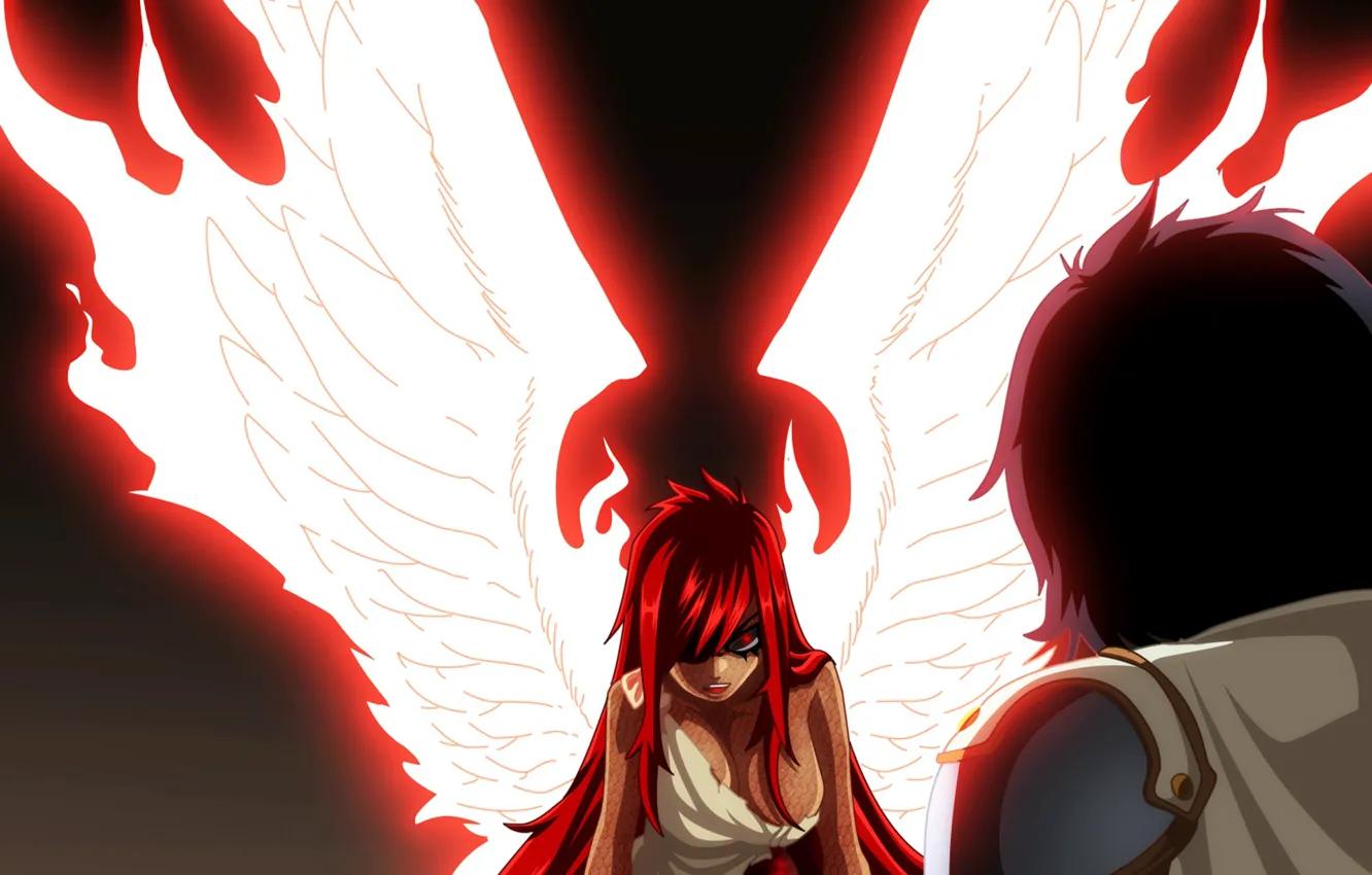 Photo wallpaper red, girl, game, red hair, dress, anime, wings, red eyes