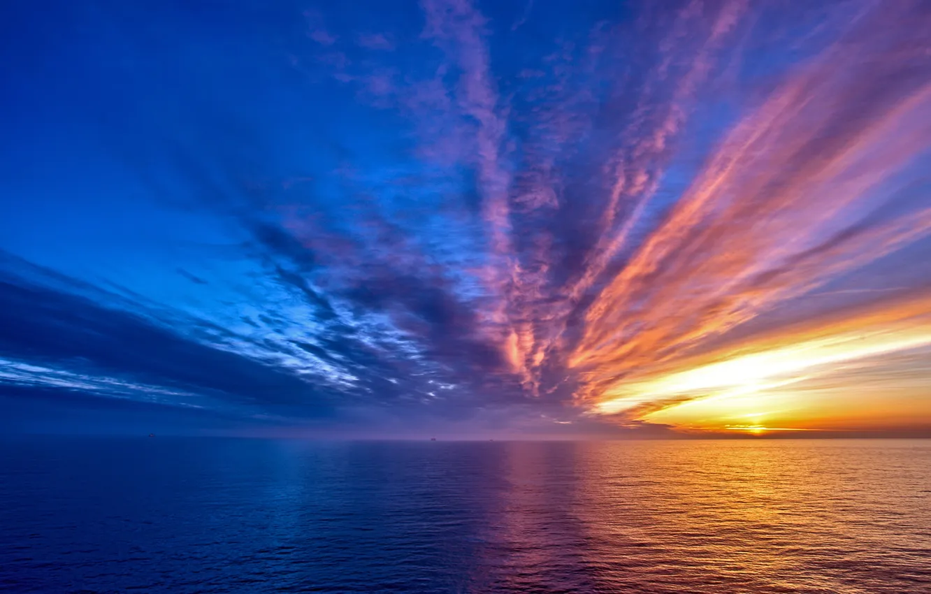 Photo wallpaper the sky, the sun, clouds, landscape, sunset, nature, the ocean, horizon