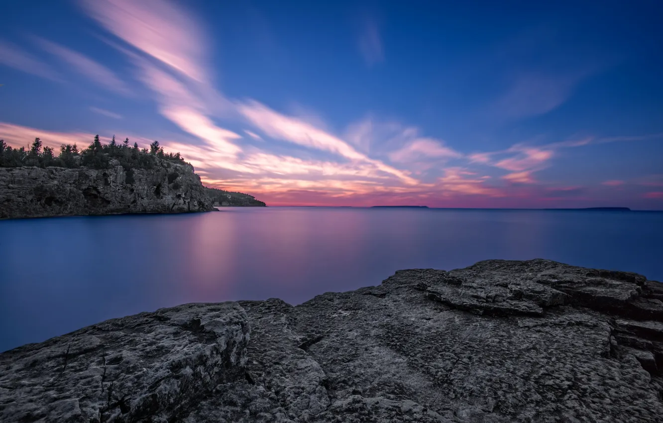 Photo wallpaper lake, rocks, dawn, Ontario
