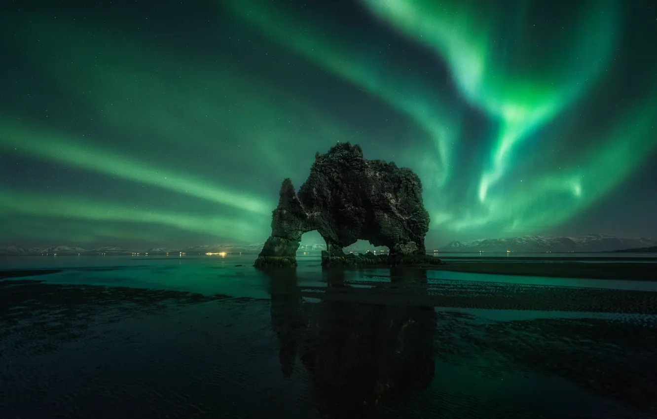 Photo wallpaper beach, stars, night, nature, rock, rocks, Northern lights, ...