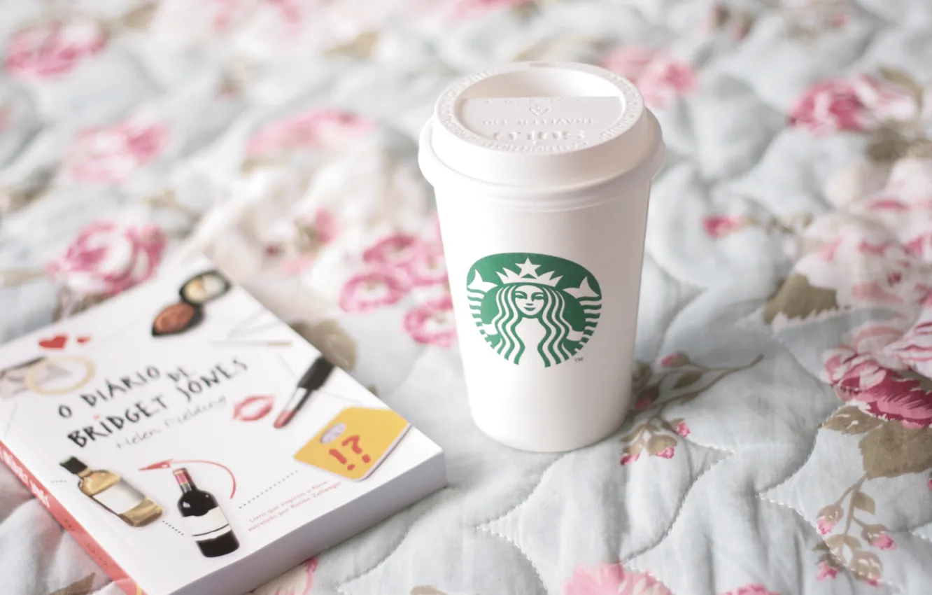 Photo wallpaper glass, mood, books, bed, mug, Cup, coffee Starbucks, starbucks