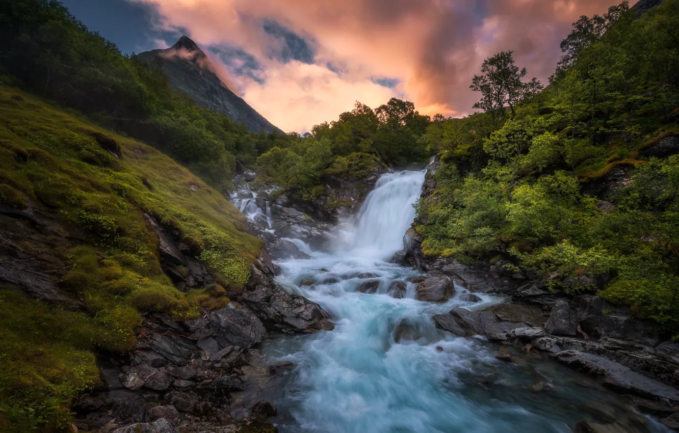 Photo wallpaper mountains, river, vegetation, waterfall, Norway, Norway, Stryn, Stryn