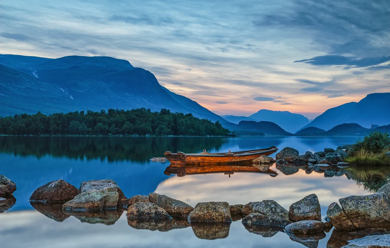 Photo wallpaper lake, stones, boat, Norway, Norway, Valdres