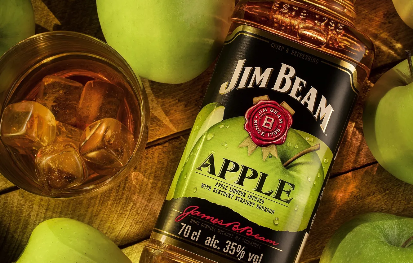 Photo wallpaper ice, glass, apples, bottle, whiskey, liqueur, Jim Beam, Bourbon