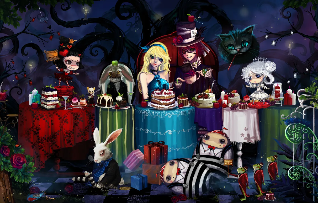 Photo wallpaper mouse, rabbit, tables, frogs, cake, Alice in Wonderland, Hatter, Cheshire