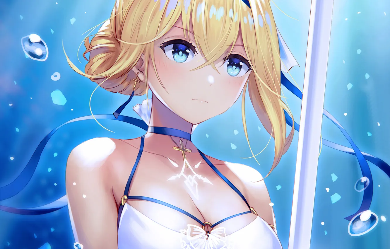 Photo wallpaper girl, sexy, cleavage, boobs, anime, blue eyes, beautiful, short hair