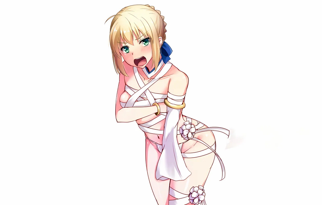 Photo wallpaper girl, sexy, lingerie, Fate Stay Night, panties, green eyes, boobs, saber