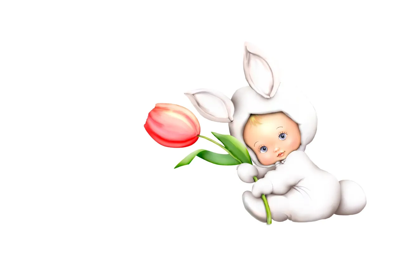 Photo wallpaper Tulip, baby, art, Bunny, flower, children's, suit