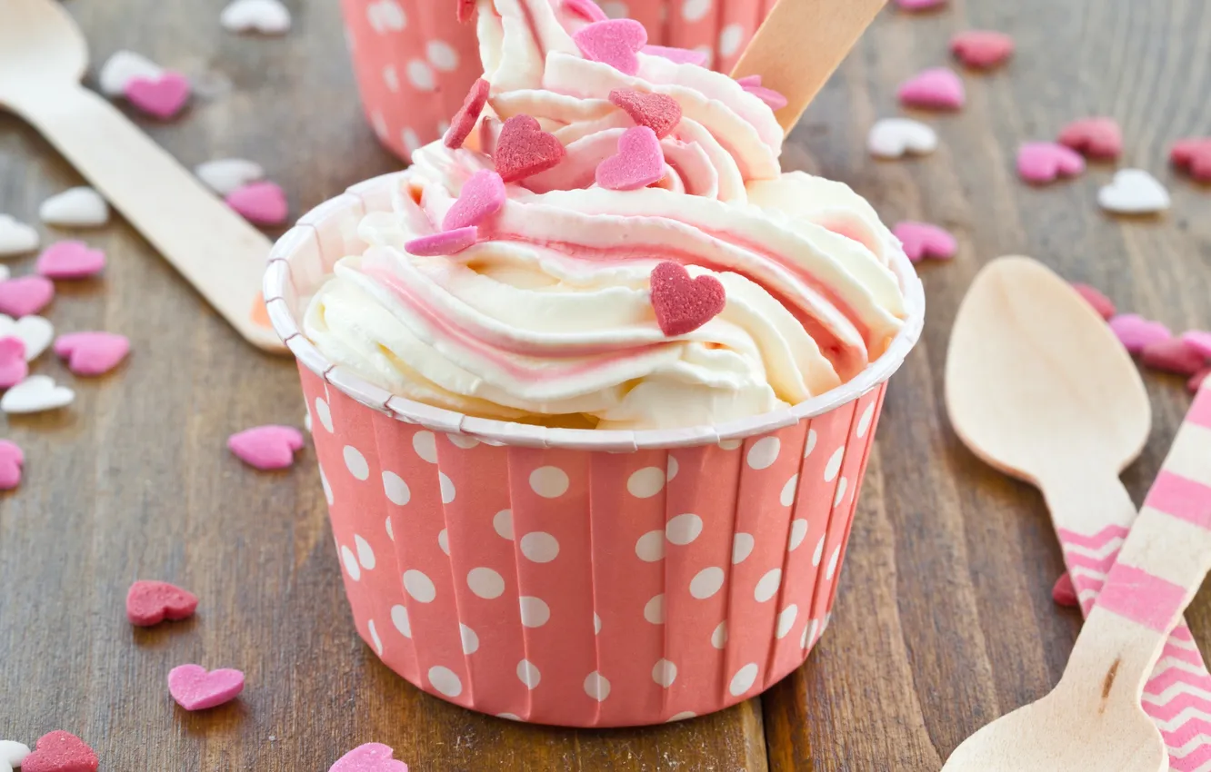 Photo wallpaper ice cream, hearts, dessert, powder, spoon