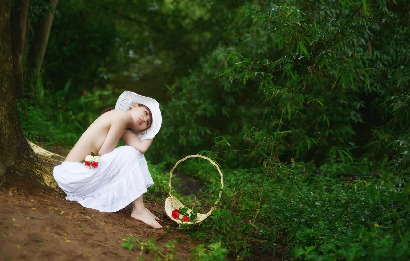 Photo wallpaper forest, girl, flowers, nature