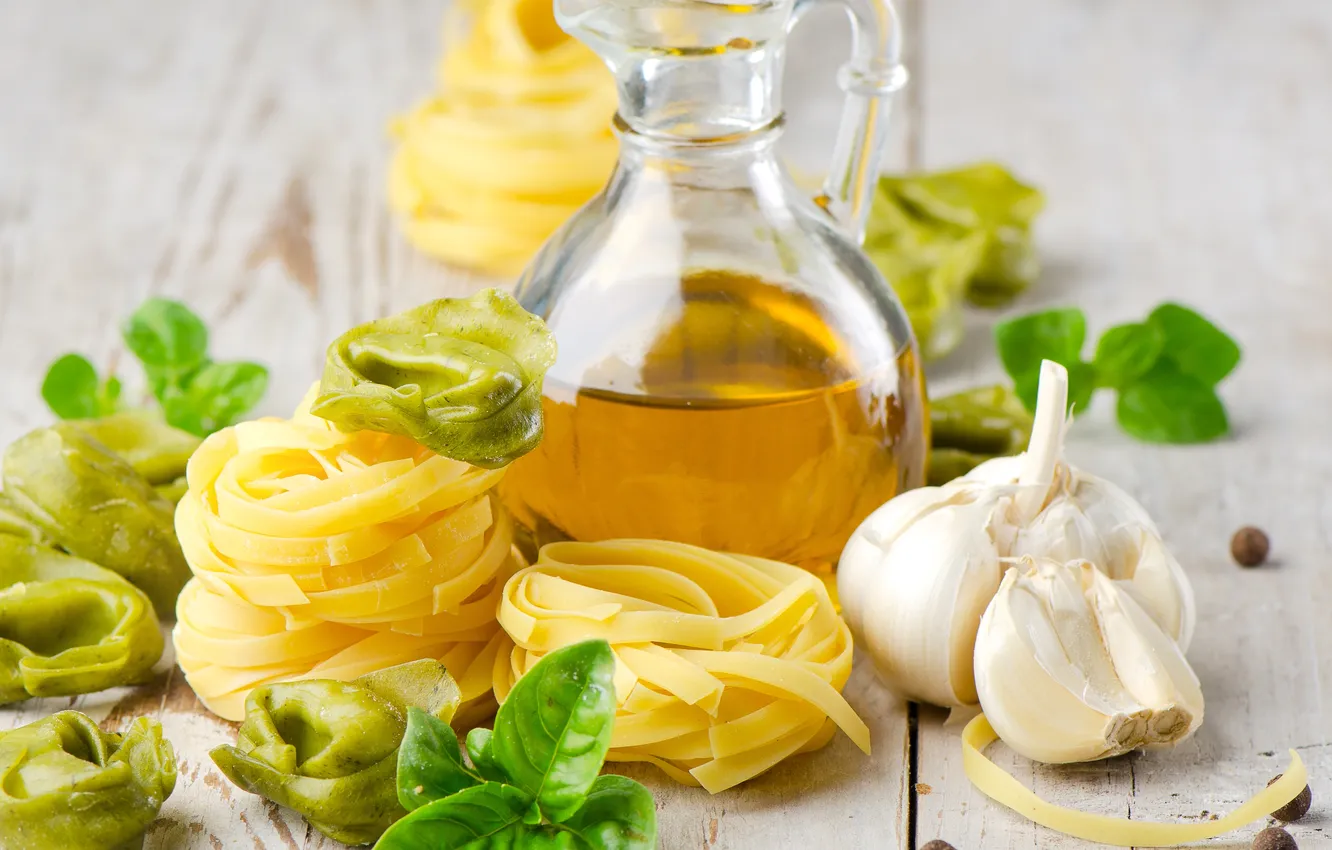 Photo wallpaper oil, food, garlic, pasta, tortellini