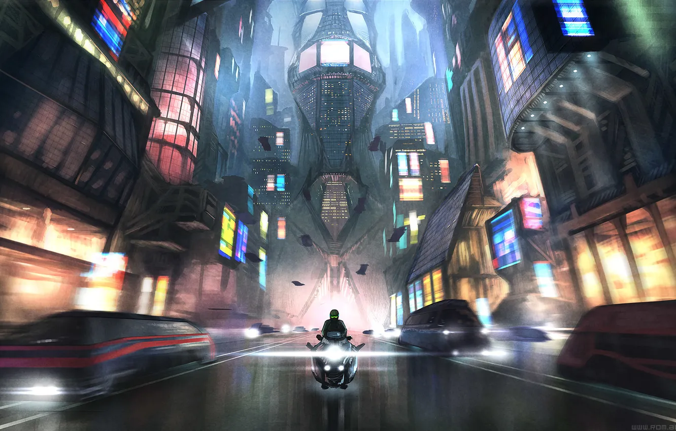 Photo wallpaper road, the city, fiction, transport, lights, building, speed, art