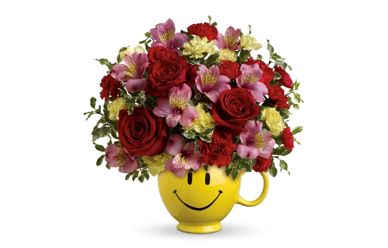 Photo wallpaper flowers, roses, bouquet, white background, vase, alstremeria