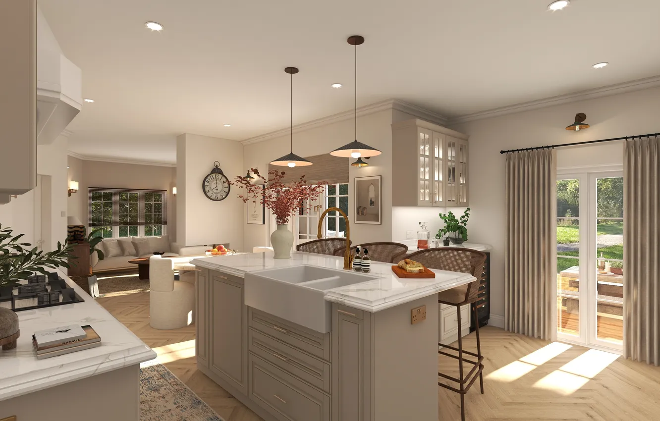 Photo wallpaper design, style, interior, kitchen, living room, dining room, rural house, Charming Farmhouse Ideas