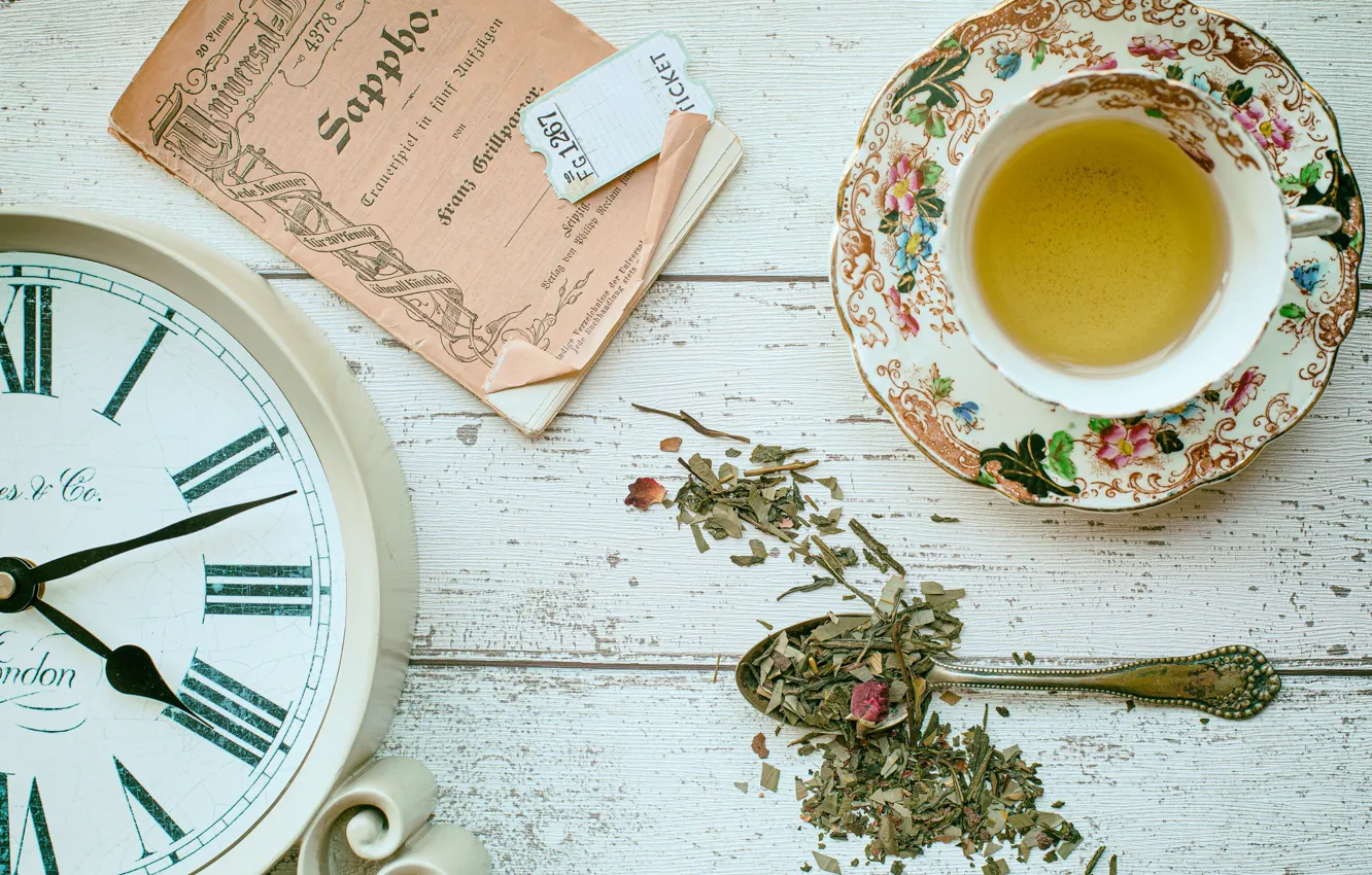 Photo wallpaper tea, watch, plate, spoon, score