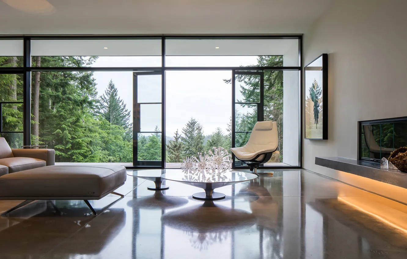 Photo wallpaper room, interior, Washington, living room, San Juan, Collector's Retreat, by Heliotrope Architects, Orcas Island
