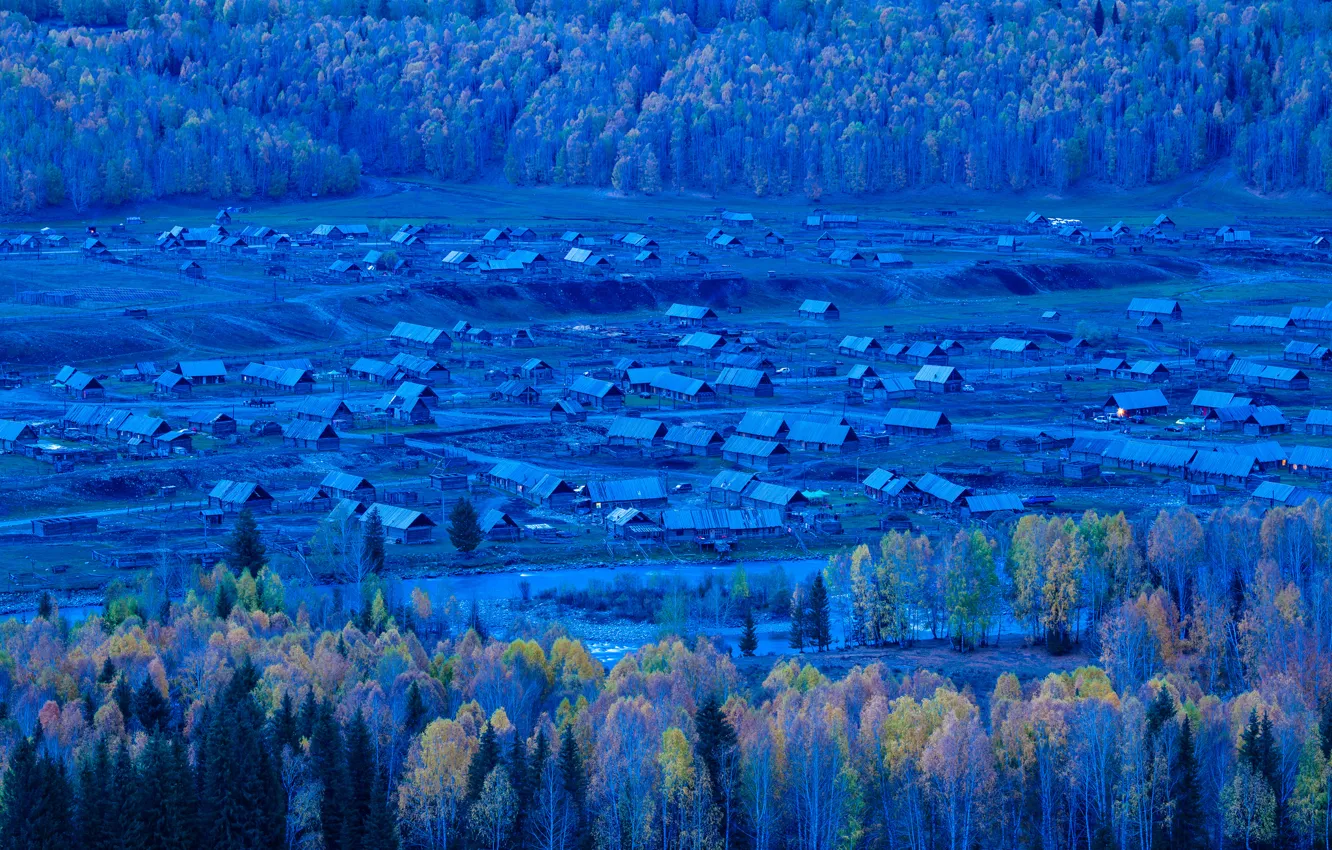 Photo wallpaper grass, water, trees, river, home, village