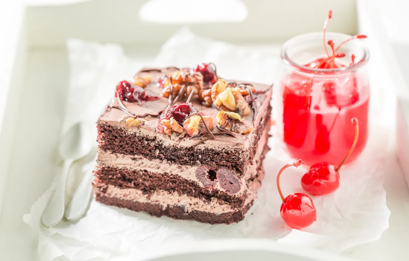 Photo wallpaper cherry, cake, nuts, cream, dessert, chocolate