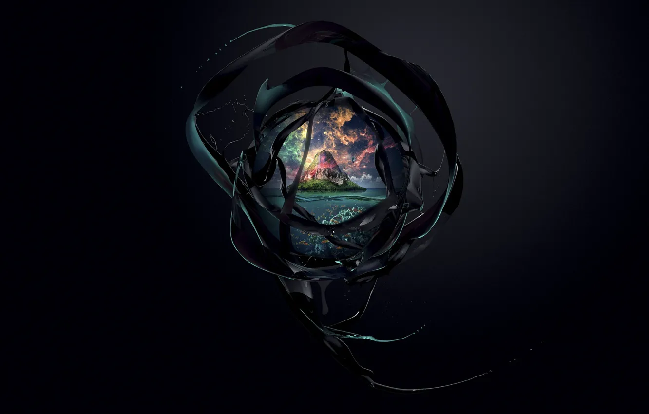 Photo wallpaper sea, stars, island, window, tape, ink, desktopography