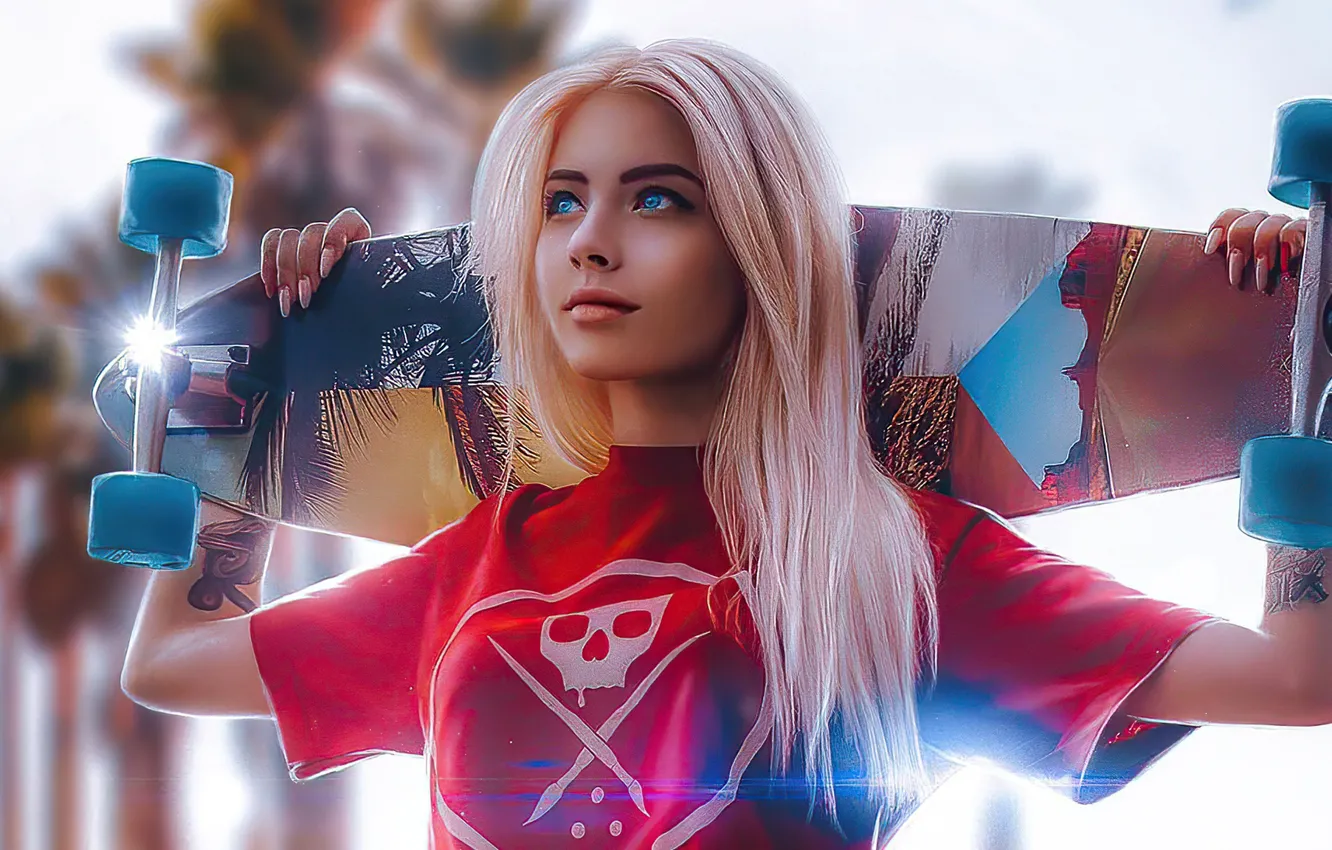 Photo wallpaper look, girl, t-shirt, skateboard