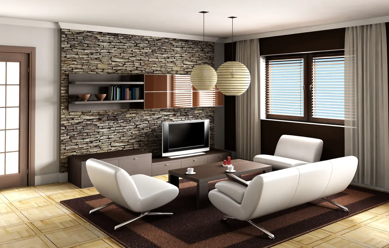 Photo wallpaper sofa, carpet, chair, TV, window, table