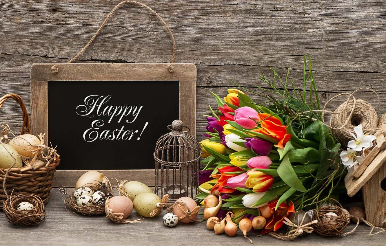 Photo wallpaper flowers, eggs, Easter, tulips, flowers, Easter, eggs