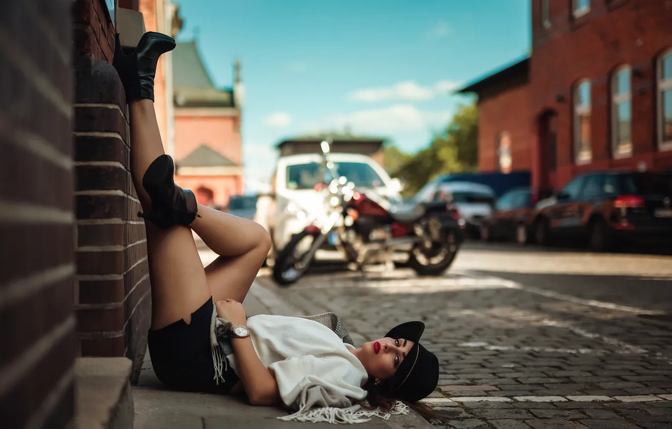 Photo wallpaper pose, style, street, feet, model, hat, bridge, Fou Mou