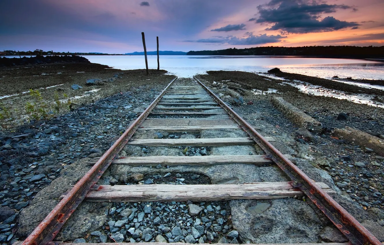 Photo wallpaper lake, stones, rails, horizon, sleepers