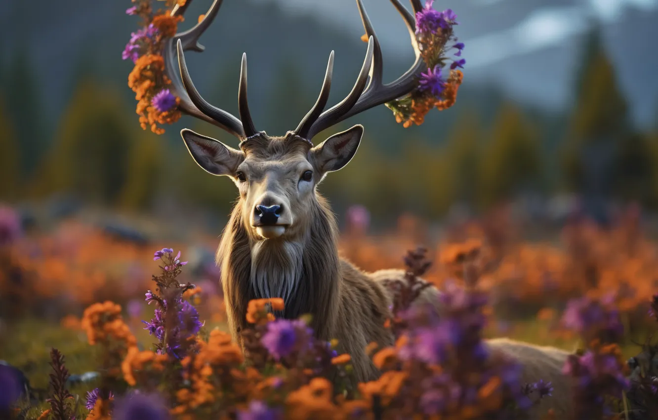 Photo wallpaper flowers, nature, deer, AI art, neural network