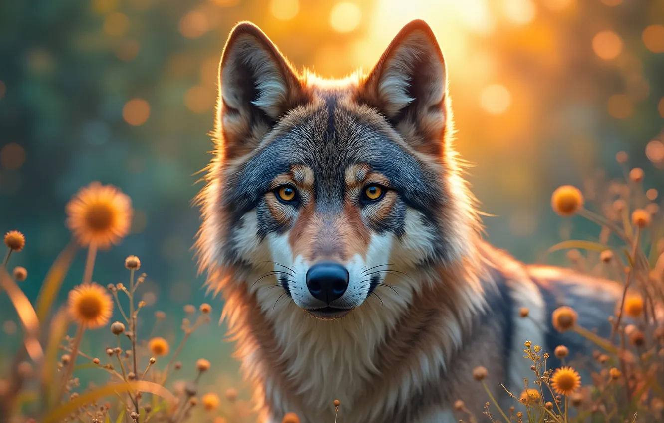 Photo wallpaper look, face, light, nature, grey, wolf, portrait, flowers