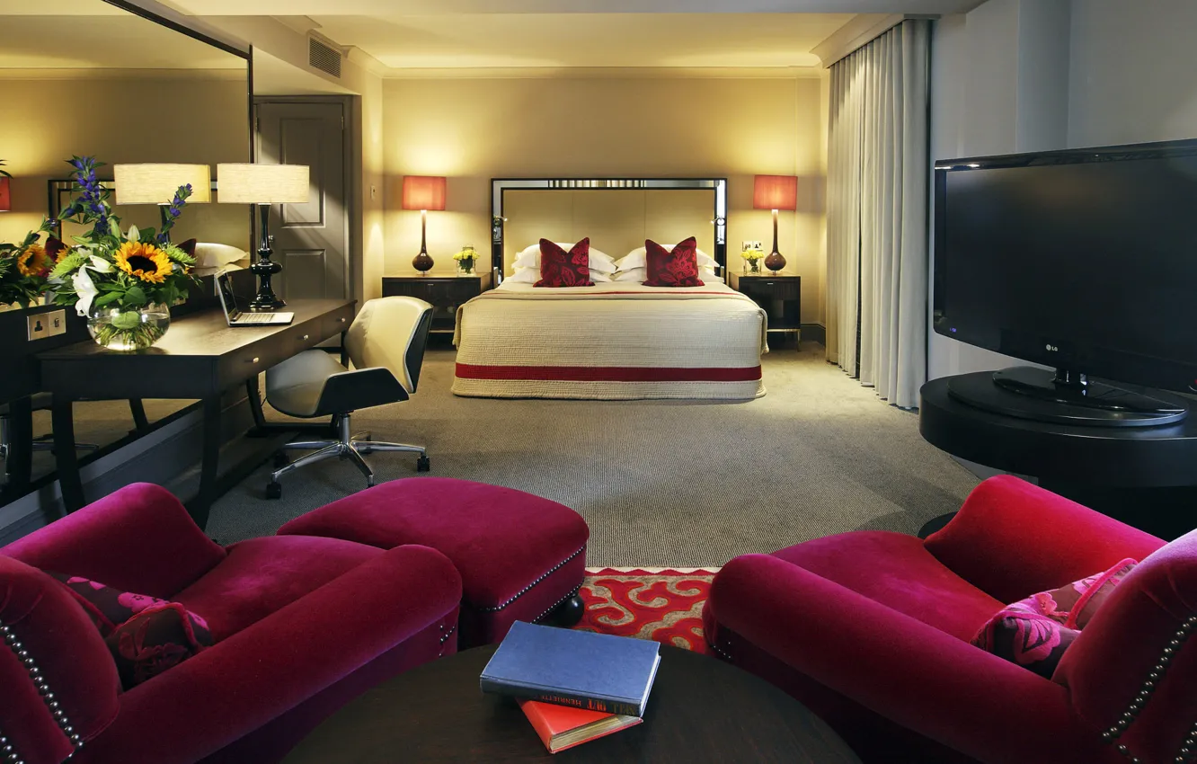 Photo wallpaper Desk, bed, interior, mirror, TV