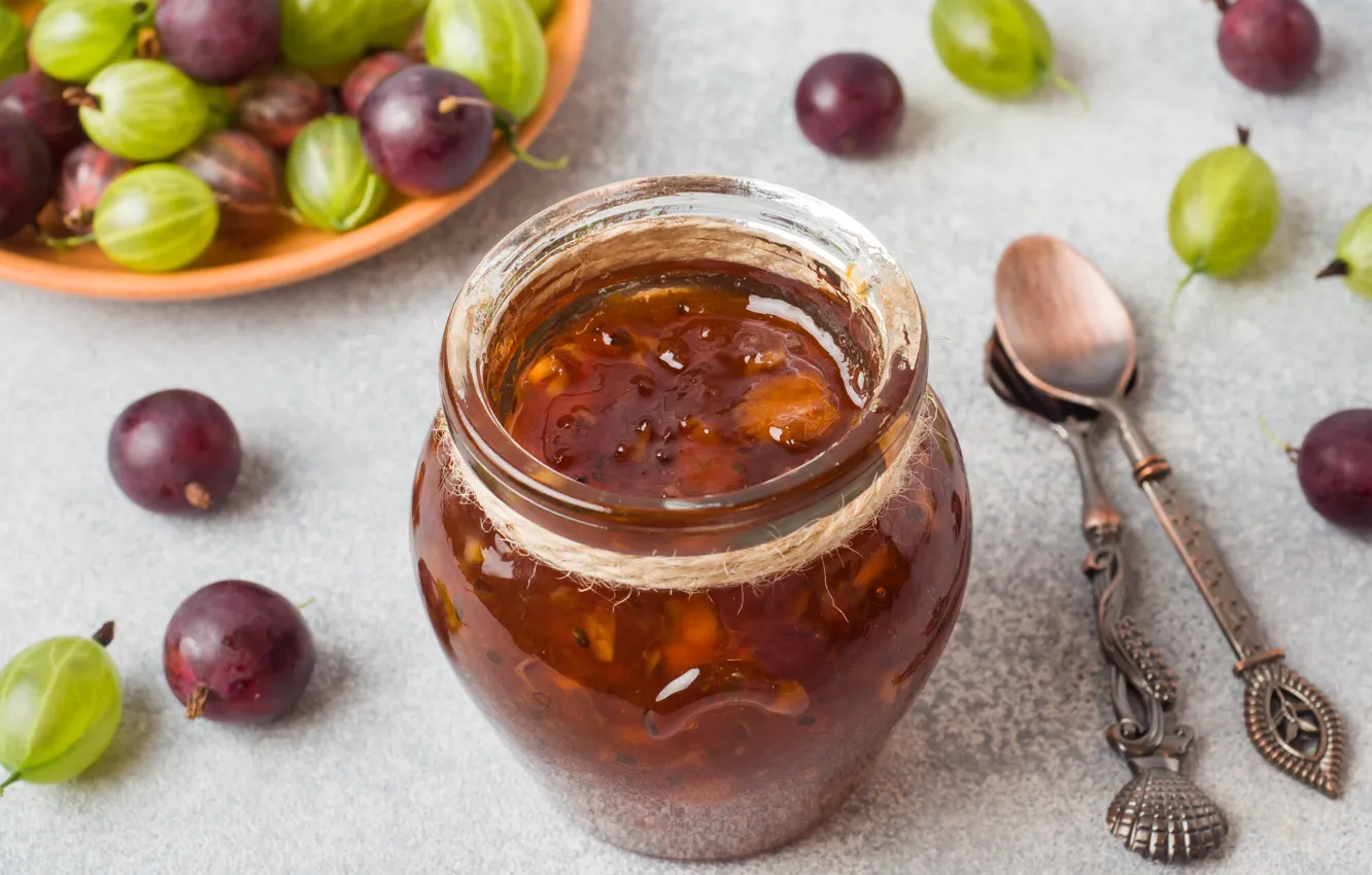 Photo wallpaper spoon, Bank, gooseberry, jam