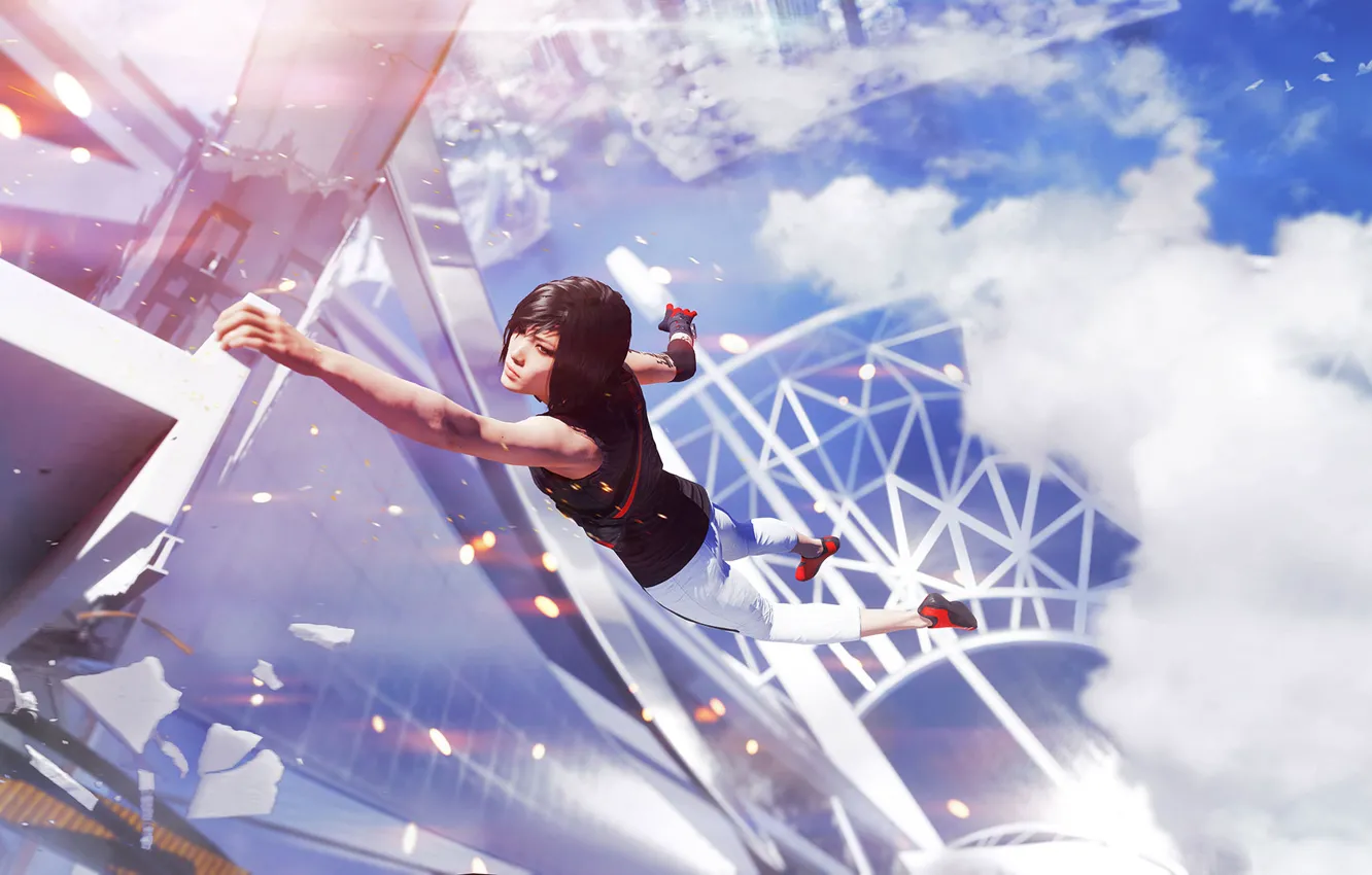 Photo wallpaper girl, the city, bird, smoke, drop, tattoo, hanging, Electronic Arts