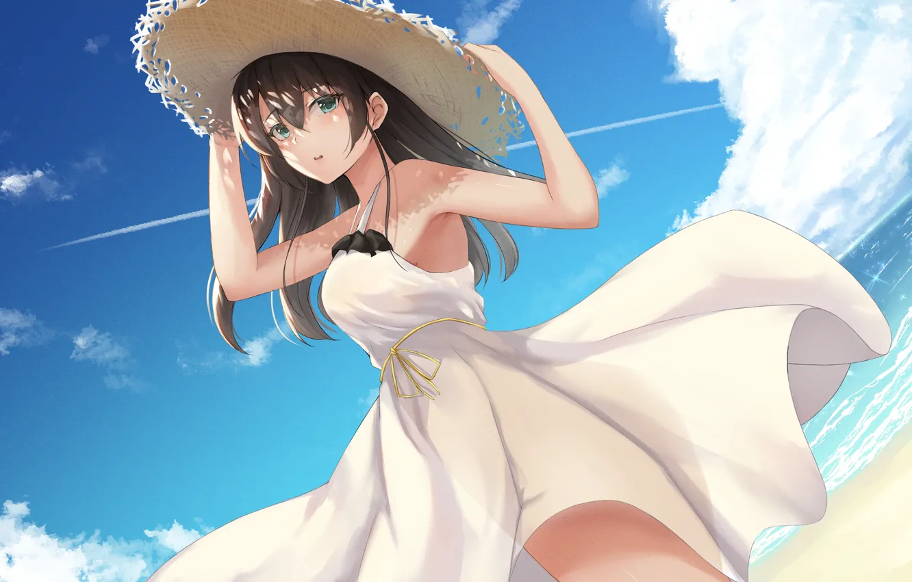 Photo wallpaper sea, the sky, girl, hat, Natsuiro Matsuri, Hololive virtual youtuber