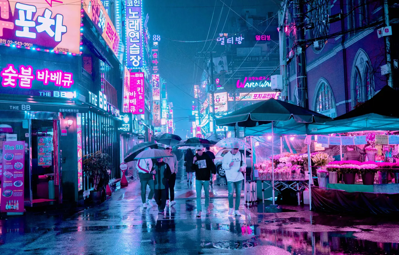 Photo wallpaper city, Neon, Seoul