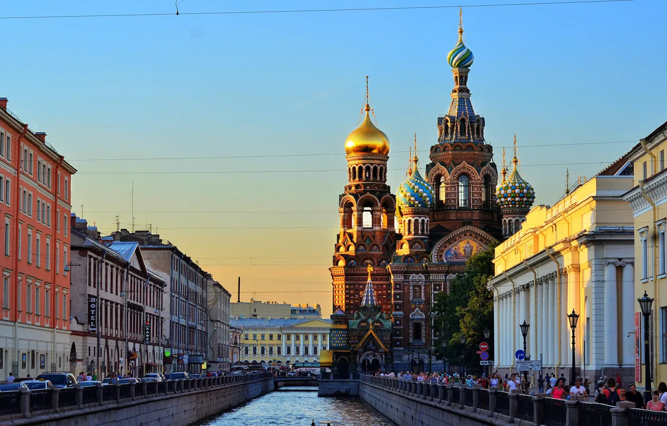 Photo wallpaper river, channel, Russia, promenade, Peter, Saint Petersburg, St. Petersburg, The Cathedral Of The Savior On …