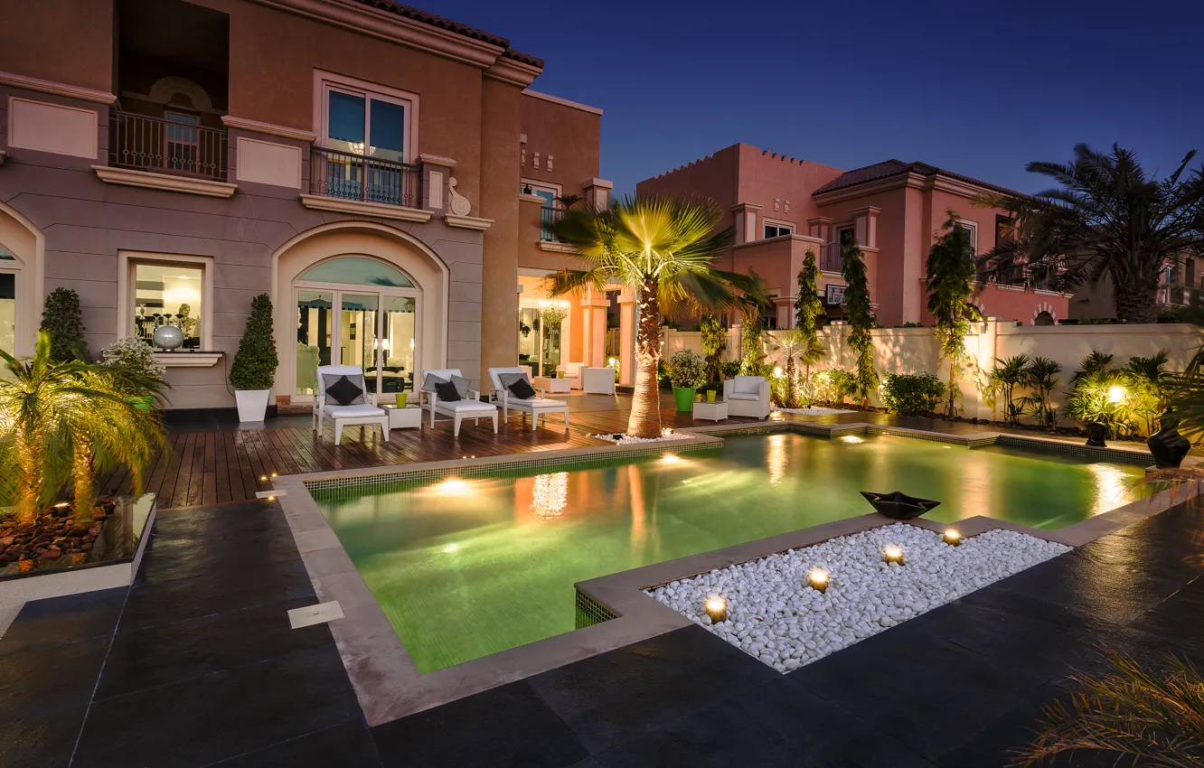 Photo wallpaper palm trees, Villa, home, the evening, the pool