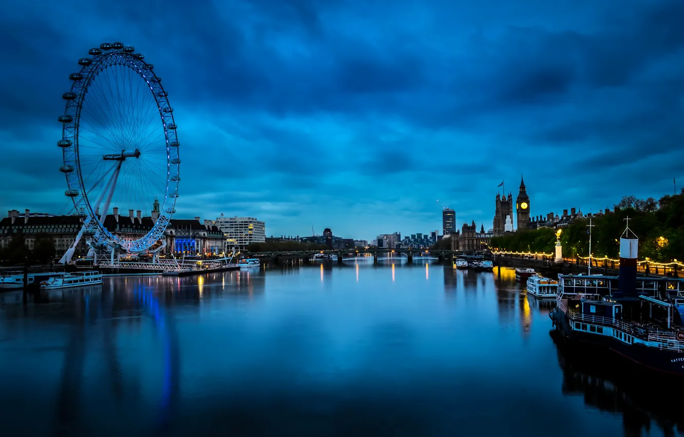 Photo wallpaper night, bridge, lights, river, London, home, boats, UK