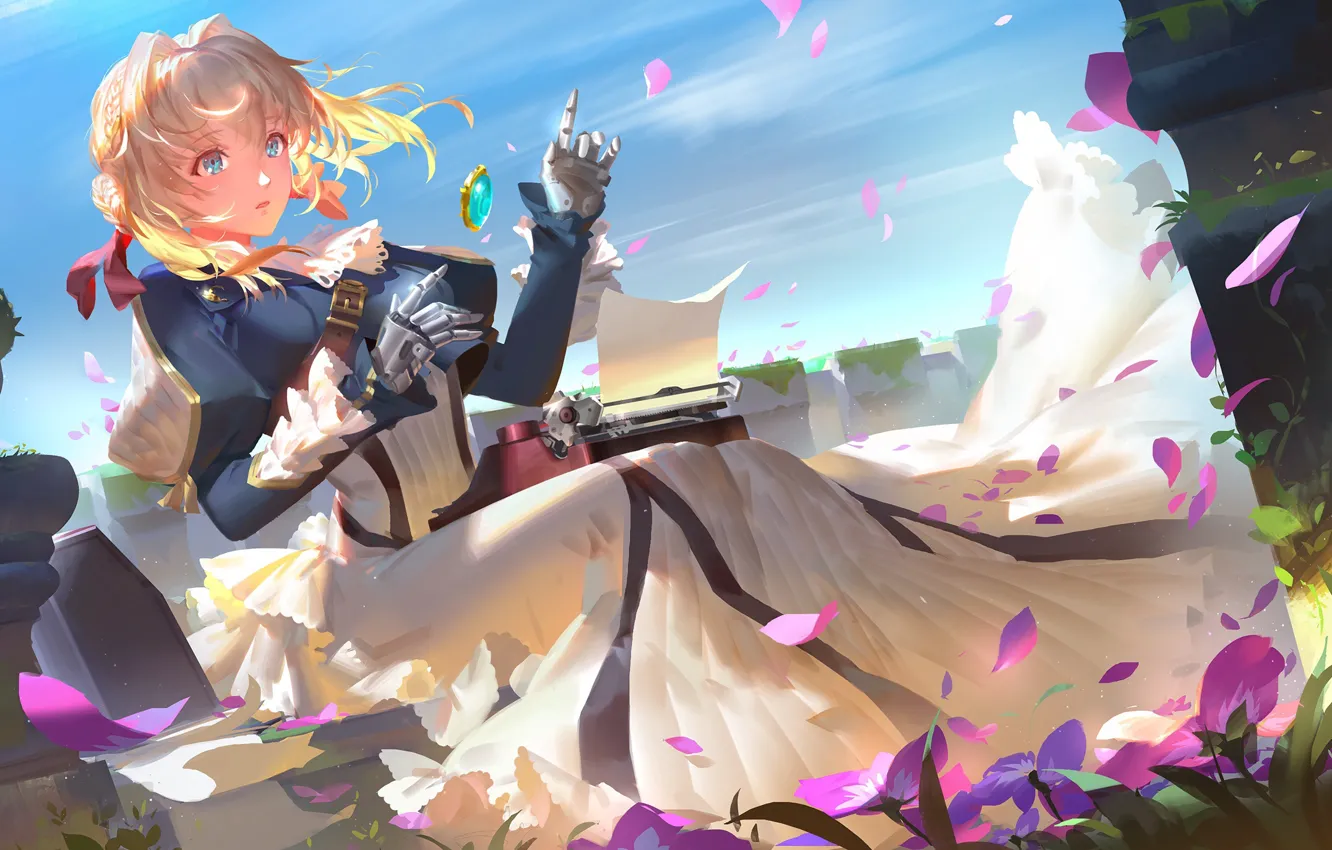 Photo wallpaper girl, flowers, anime, art, cyborg, Violet Evergarden