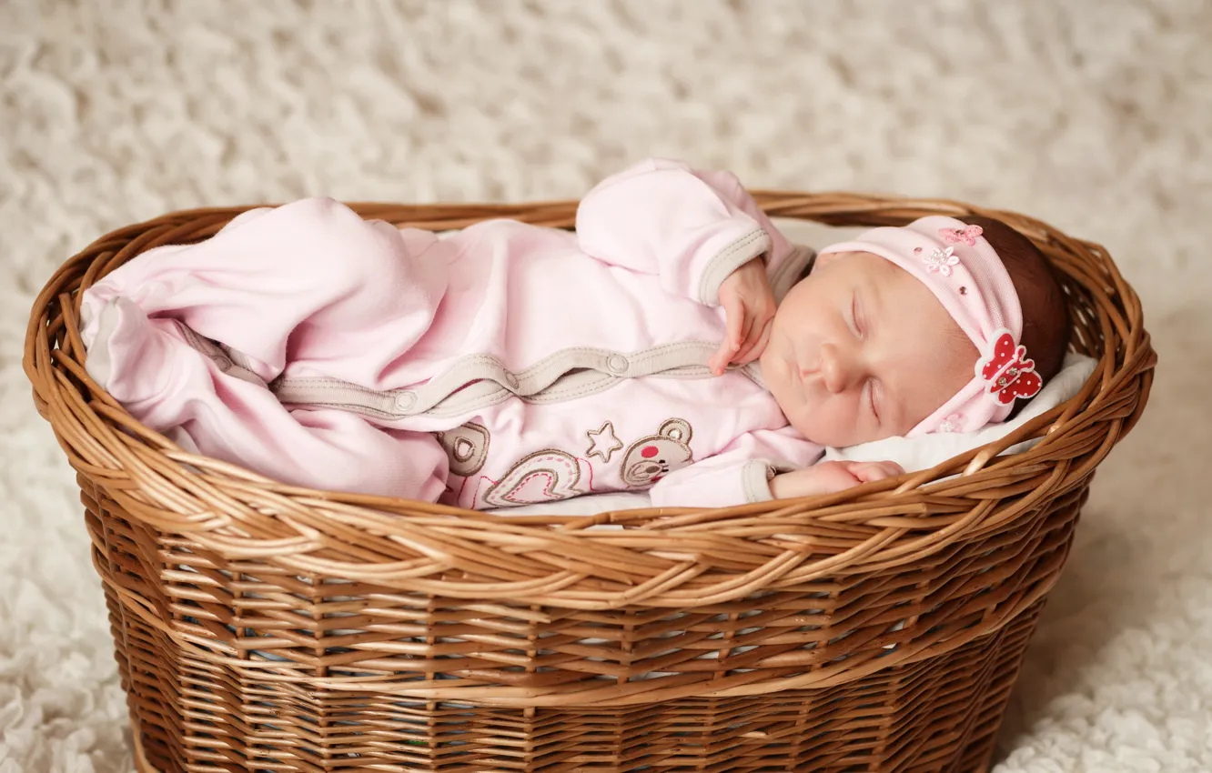 Photo wallpaper basket, child, small, costume, sleeping, baby, sleep, basket